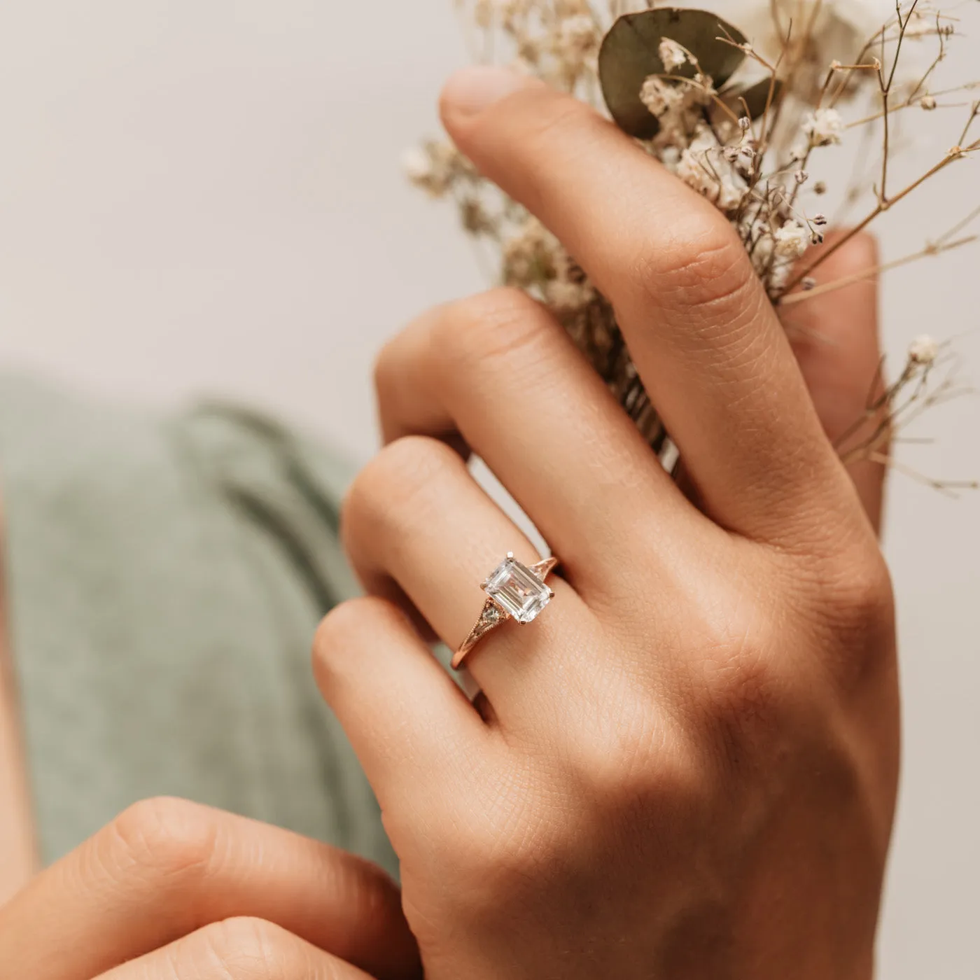 The Ares Ring | Emerald Cut Moissanite & Diamond Accented Art Deco Engagement sold by Ethica Diamonds product image thumbnail 4