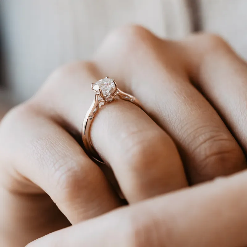 The Evangeline Ring | Round Moissanite & Diamond Vintage Engagement Solitaire sold by Ethica Diamonds