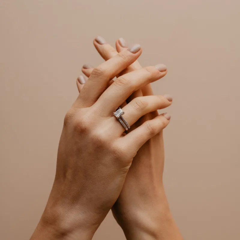 The Nouveau Ring | Lab Diamond Emerald Cut Shoulder Set Engagement sold by Ethica Diamonds