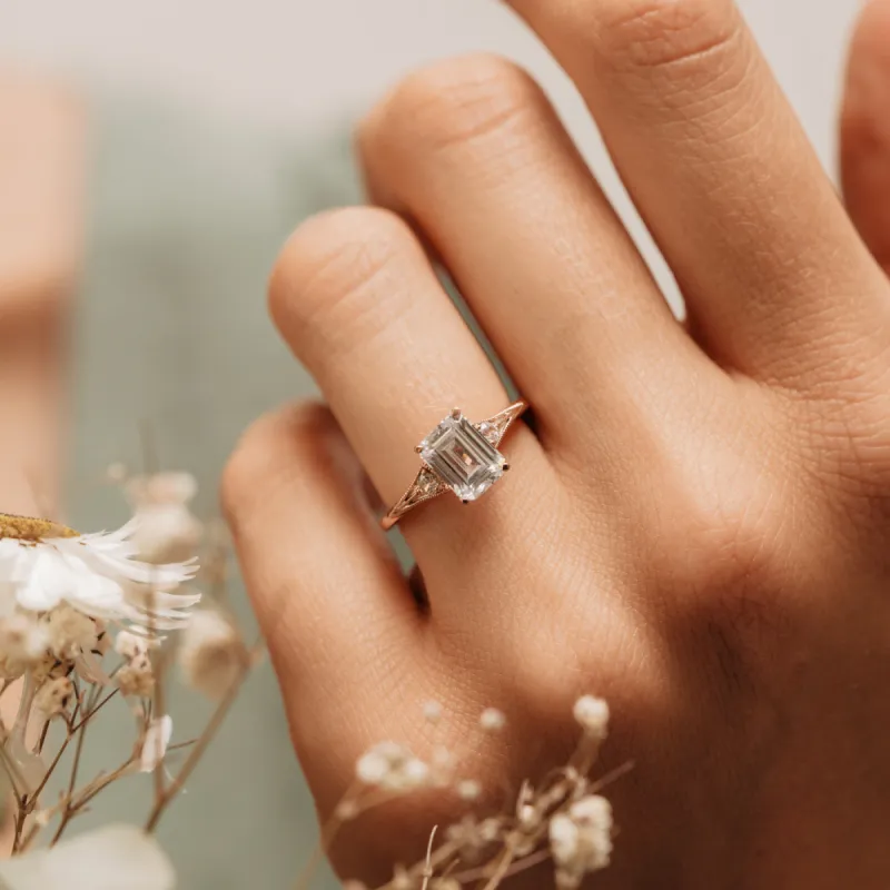 The Ares Ring |  Emerald Cut Lab Diamond Accented Art Deco Engagement sold by Ethica Diamonds