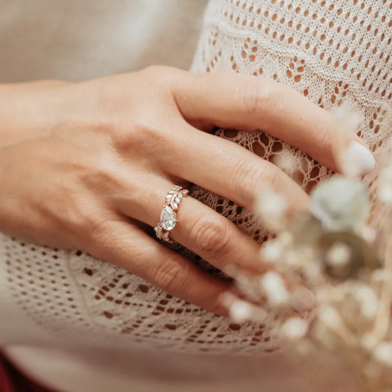 The Jaima | Lab Diamond Leaf Accented Pear Statement Engagement Ring sold by Ethica Diamonds