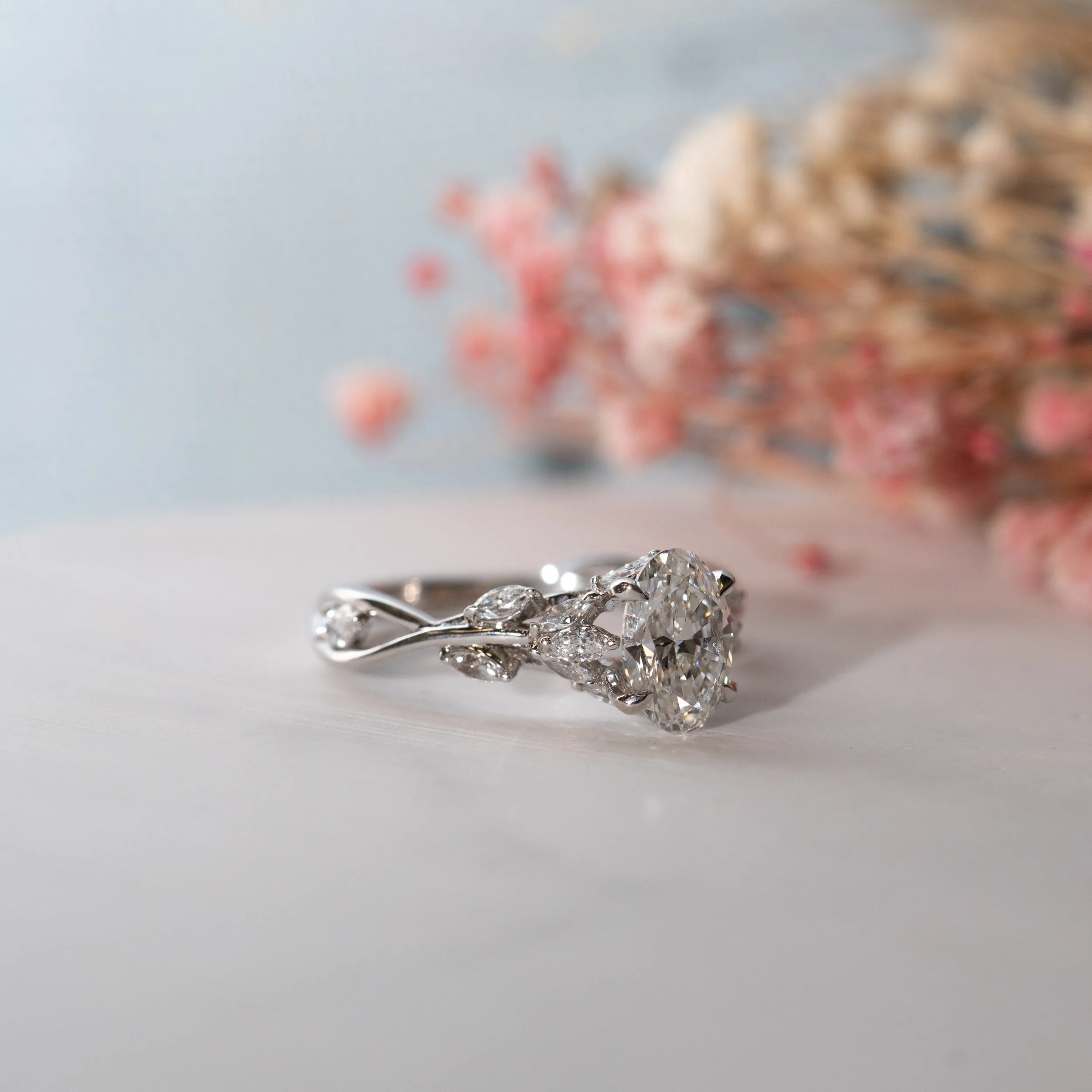 The Eesha Ring | Oval Moissanite & Diamond Accented Trellis Engagement sold by Ethica Diamonds product image thumbnail 4