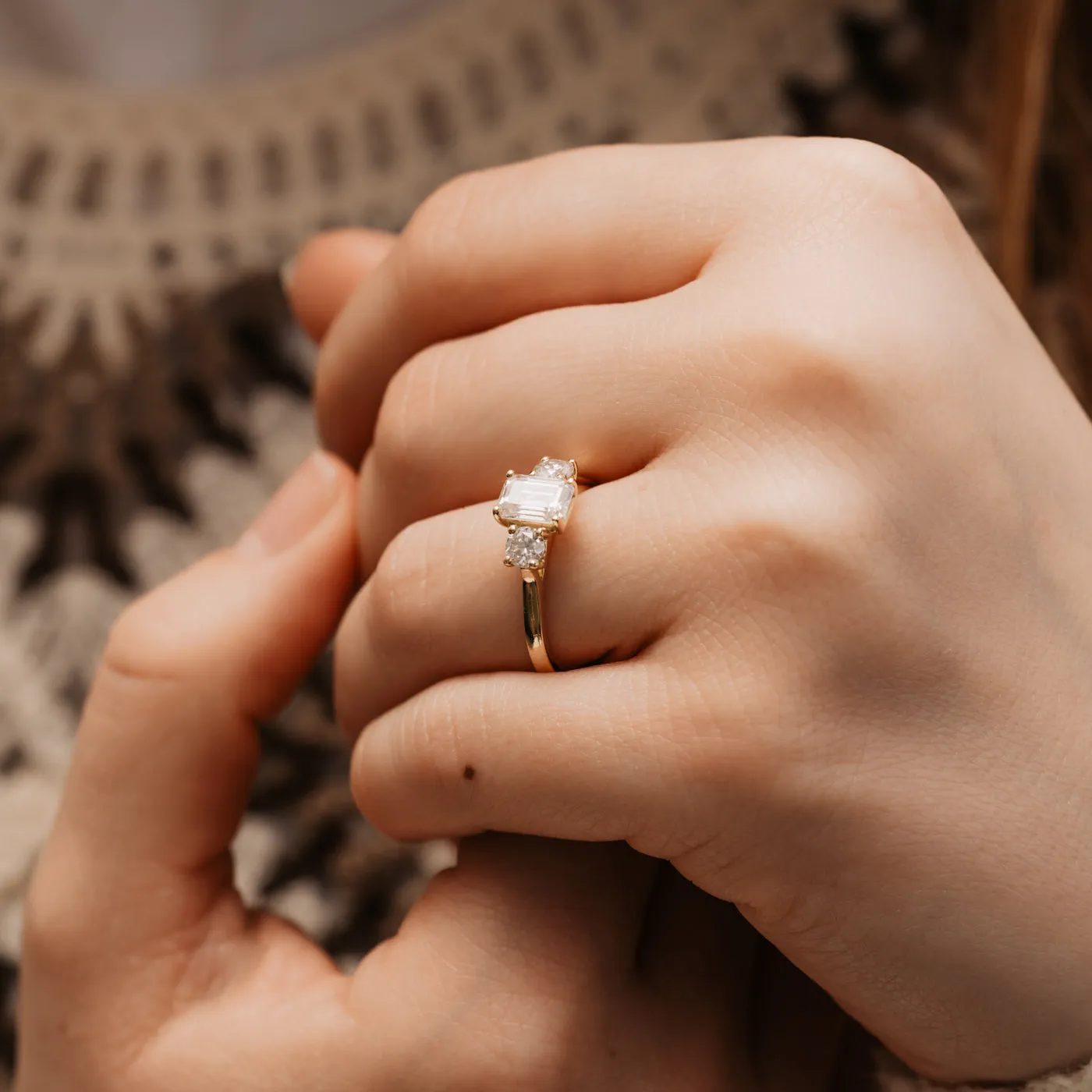 The Maya Ring | Moissanite Emerald & Round Cut Engagement Trilogy sold by Ethica Diamonds product image thumbnail 5