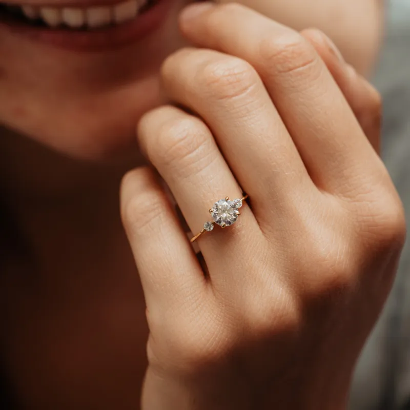 The Xevi Ring | Round Lab Diamond Accented Petite Modern Engagement sold by Ethica Diamonds