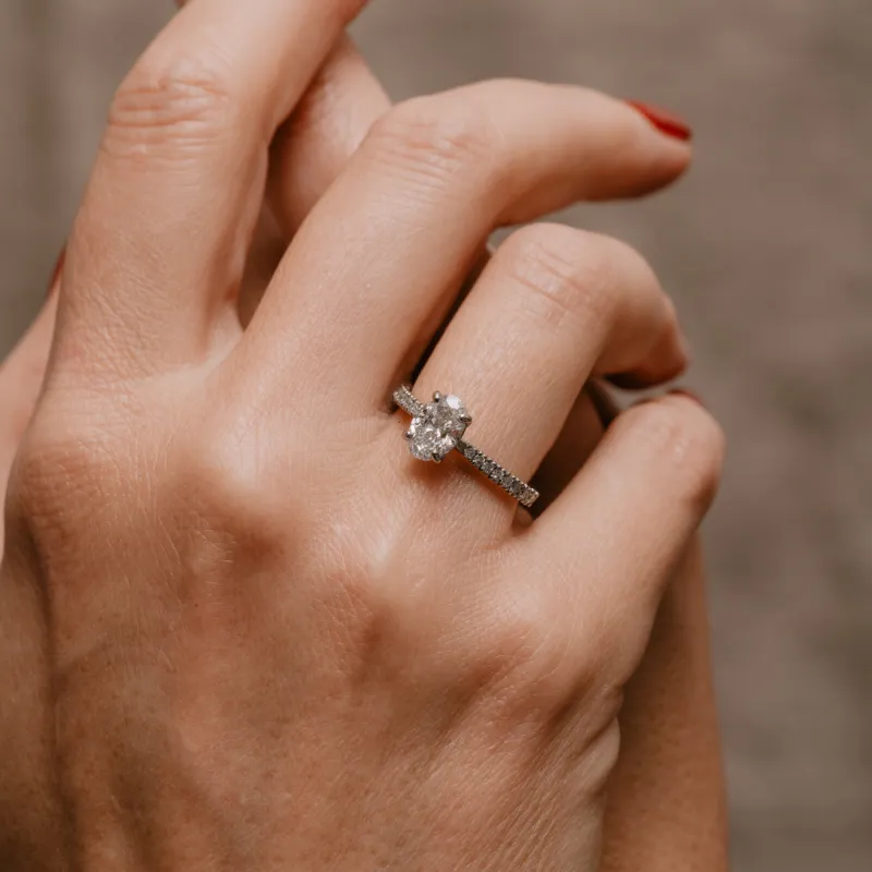 The Nouveau Ring | Oval Lab Diamond Pavé Shoulder Set Engagement Solitaire sold by Ethica Diamonds