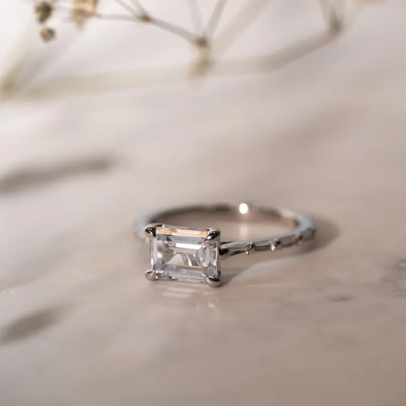 The Luna Ring | Lab Diamond East West Set Emerald Cut Engagement Solitaire sold by Ethica Diamonds