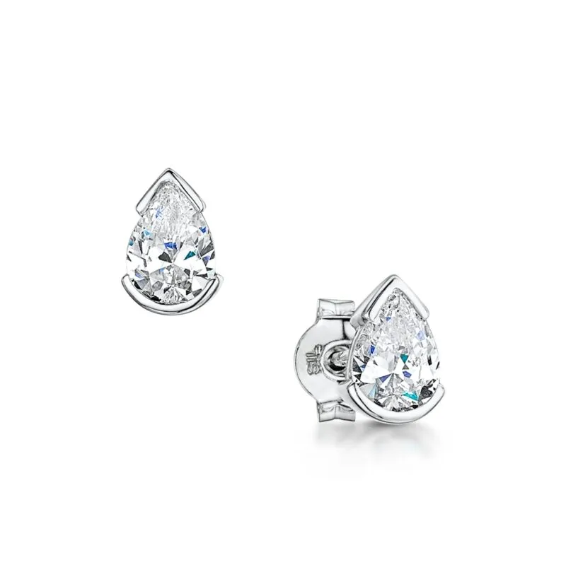 The Emelina Earrings | Pear Moissanite Bezel Solitaire Earrings sold by Ethica Diamonds