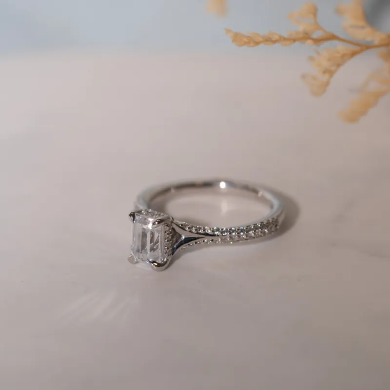 The Effie Ring | Lab Diamond Split Shank Emerald Cut Engagement Solitaire sold by Ethica Diamonds