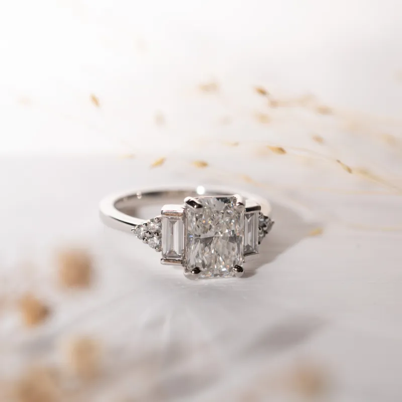 The Amber | Emerald Cut Lab Diamond Art Deco Accented Engagement Ring sold by Ethica Diamonds