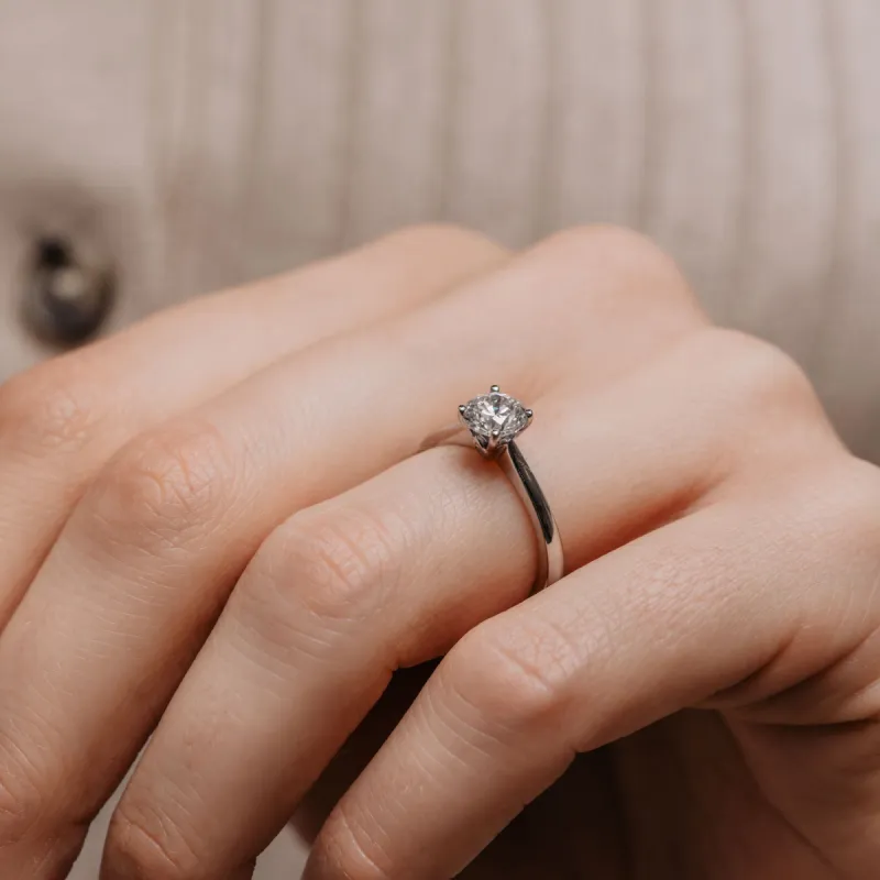 The Ana Ring | Round Lab Diamond Four Claw Engagement Solitaire sold by Ethica Diamonds