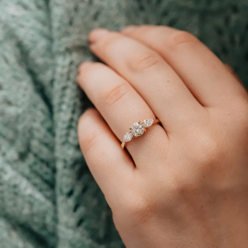 The Georgia Ring | Moissanite Round & Pear Graduated Engagement Trilogy sold by Ethica Diamonds
