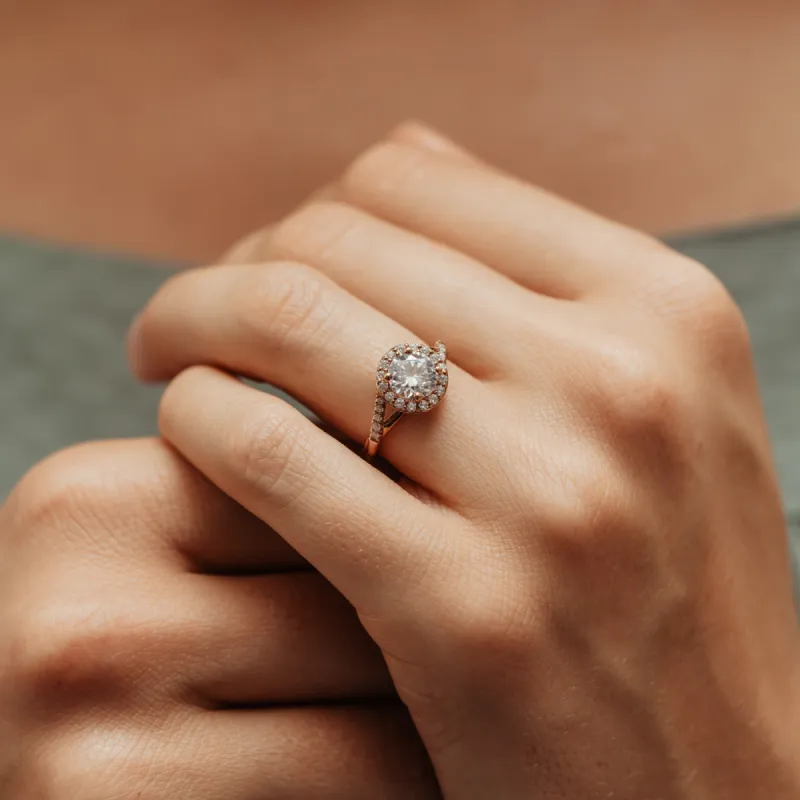 The Dolca Ring | Moissanite & Diamond Twist Engagement Halo sold by Ethica Diamonds