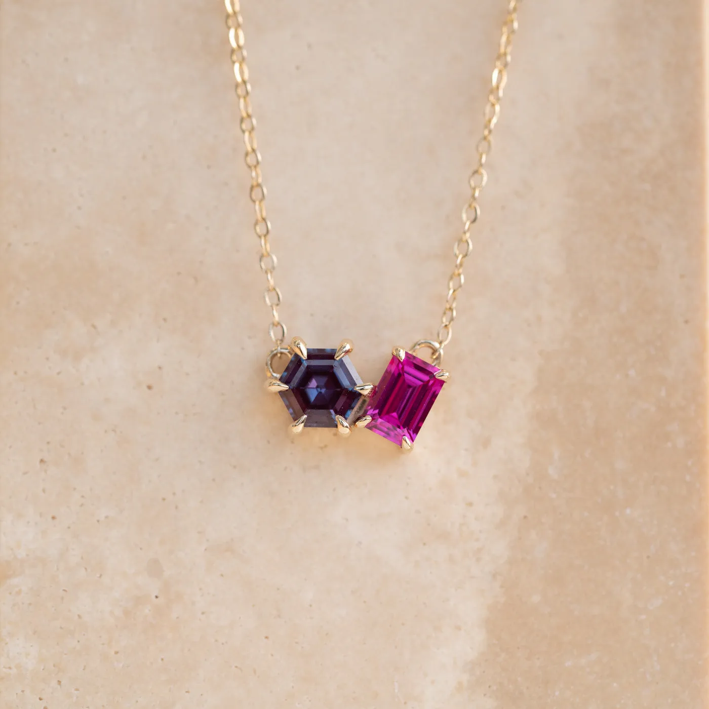 The Myla Pendant | Chatham® Alexandrite & Sapphire Toi Et Moi Pendant 9k Yellow Gold sold by Ethica Diamonds