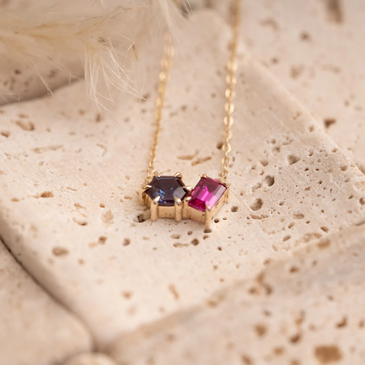 The Myla Pendant | Chatham® Alexandrite & Sapphire Toi Et Moi Pendant 9k Yellow Gold sold by Ethica Diamonds product image thumbnail 3