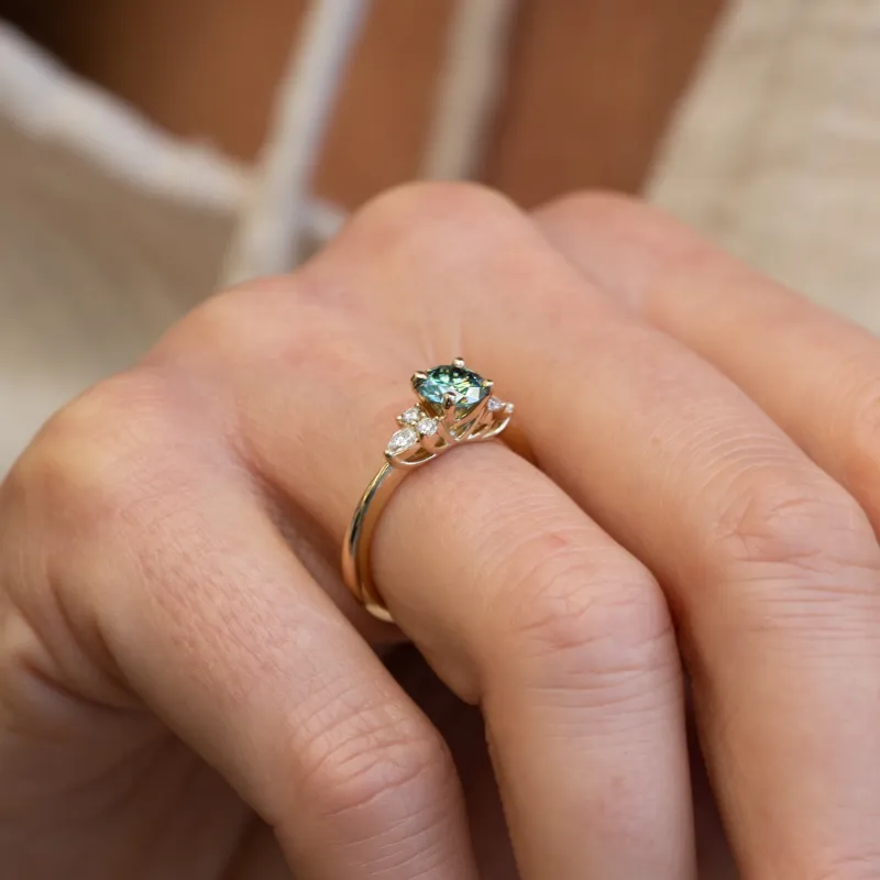 The Farah Ring | 0.98ct Seafoam Moissanite & Lab Diamond Accented Engagement 18k Yellow Gold sold by Ethica Diamonds