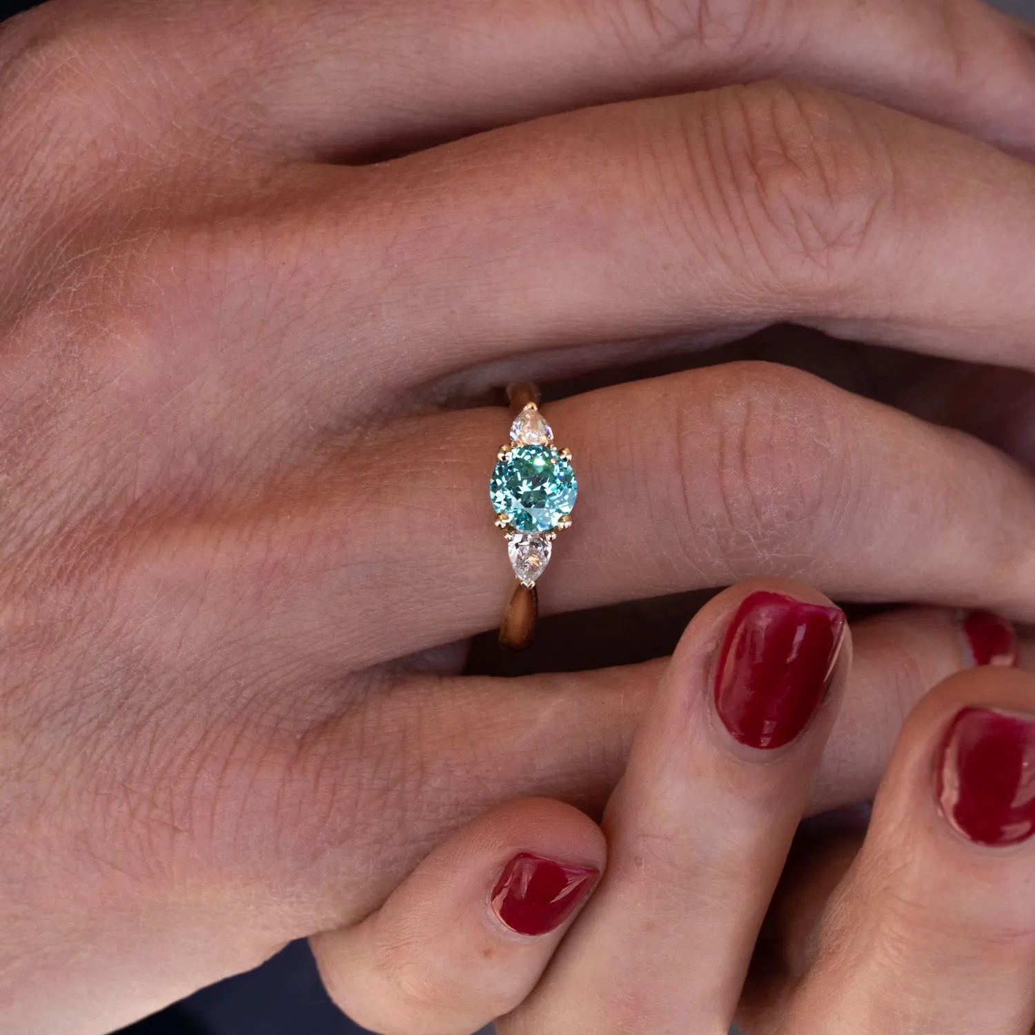 The Sophia | 2.38ct Paraiba Tourmaline & Lab Diamond Trilogy Ring sold by Ethica Diamonds