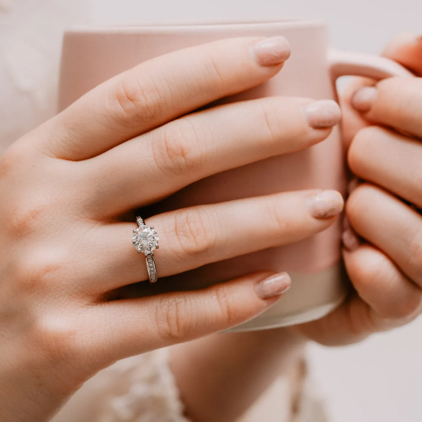 The Lia Ring | Moissanite & Lab Diamond Grain Set Engagement Solitaire sold by Ethica Diamonds