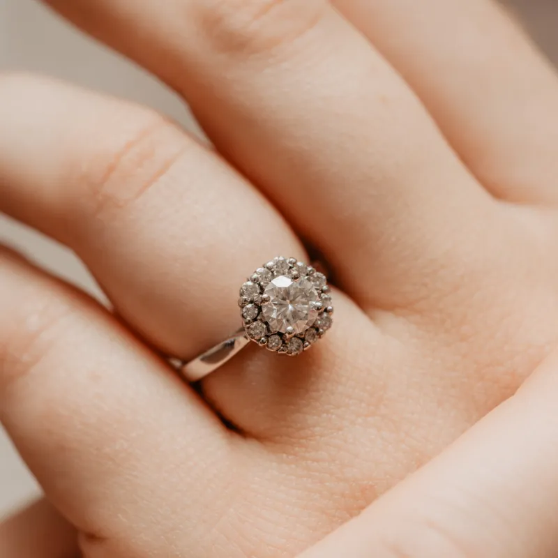 The Dahlia | Round Lab Diamond Vintage Hexagonal Halo Engagement Ring made by Ethica Diamonds