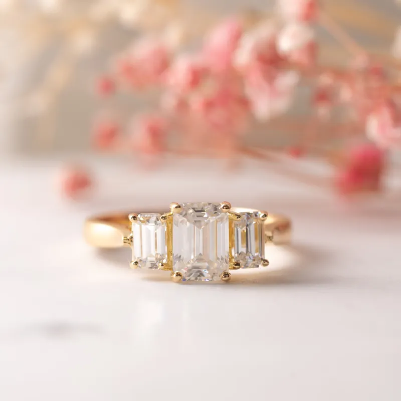 The Jayne Ring | Moissanite Emerald Cut Engagement Trilogy sold by Ethica Diamonds