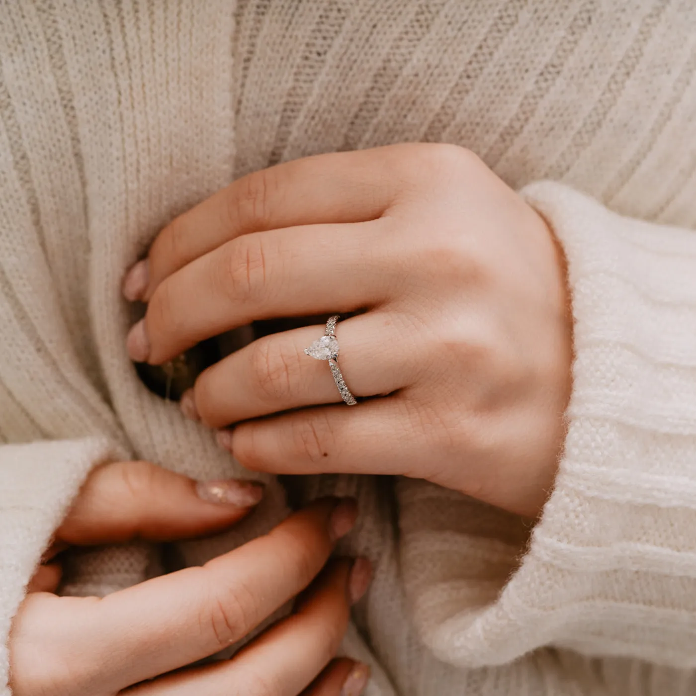 The Nouveau Ring | Moissanite & Diamond Pear Cut Shoulder Set Engagement sold by Ethica Diamonds product image thumbnail 5