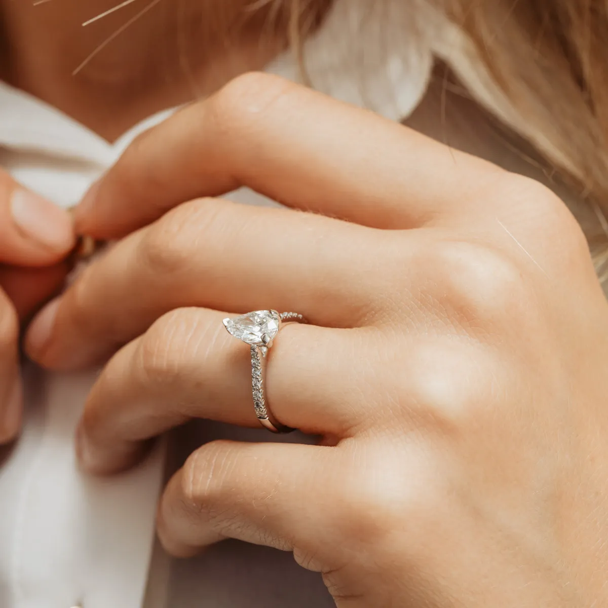 The Nouveau Ring | Moissanite & Diamond Pear Cut Shoulder Set Engagement sold by Ethica Diamonds product image thumbnail 4