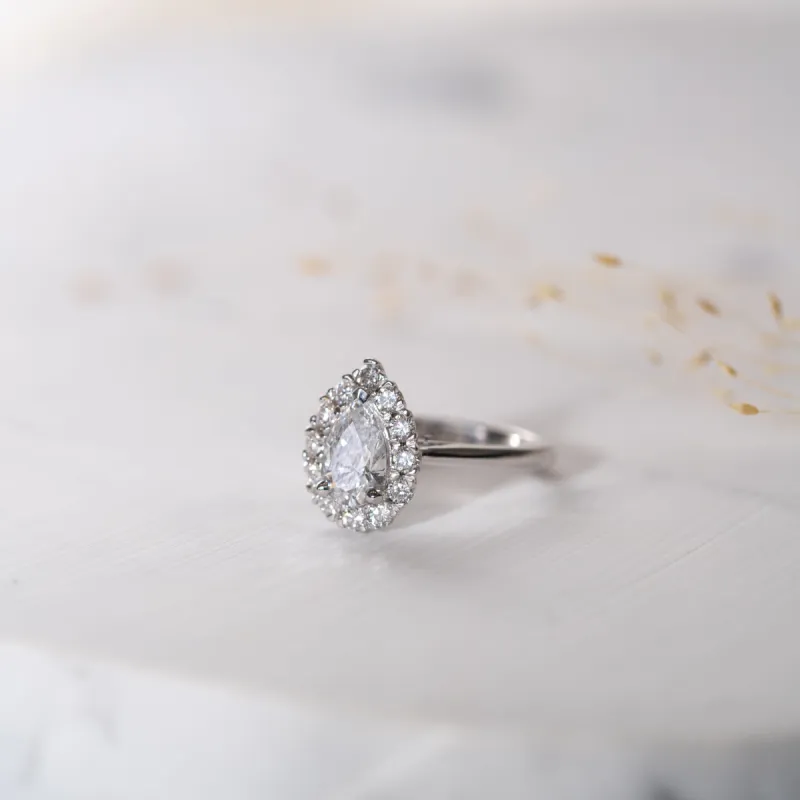 The Hala Ring | Lab Diamond Pear Cut Engagement Halo sold by Ethica Diamonds