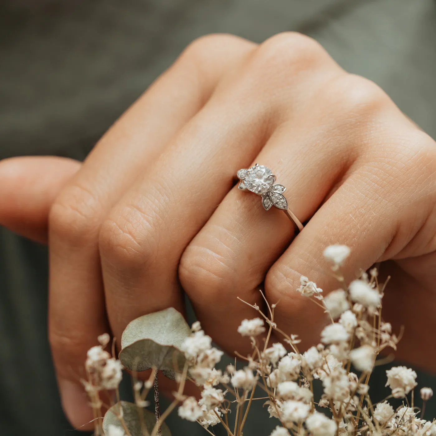 The Vani Ring | Round Moissanite & Diamond Nature Accented Engagement sold by Ethica Diamonds