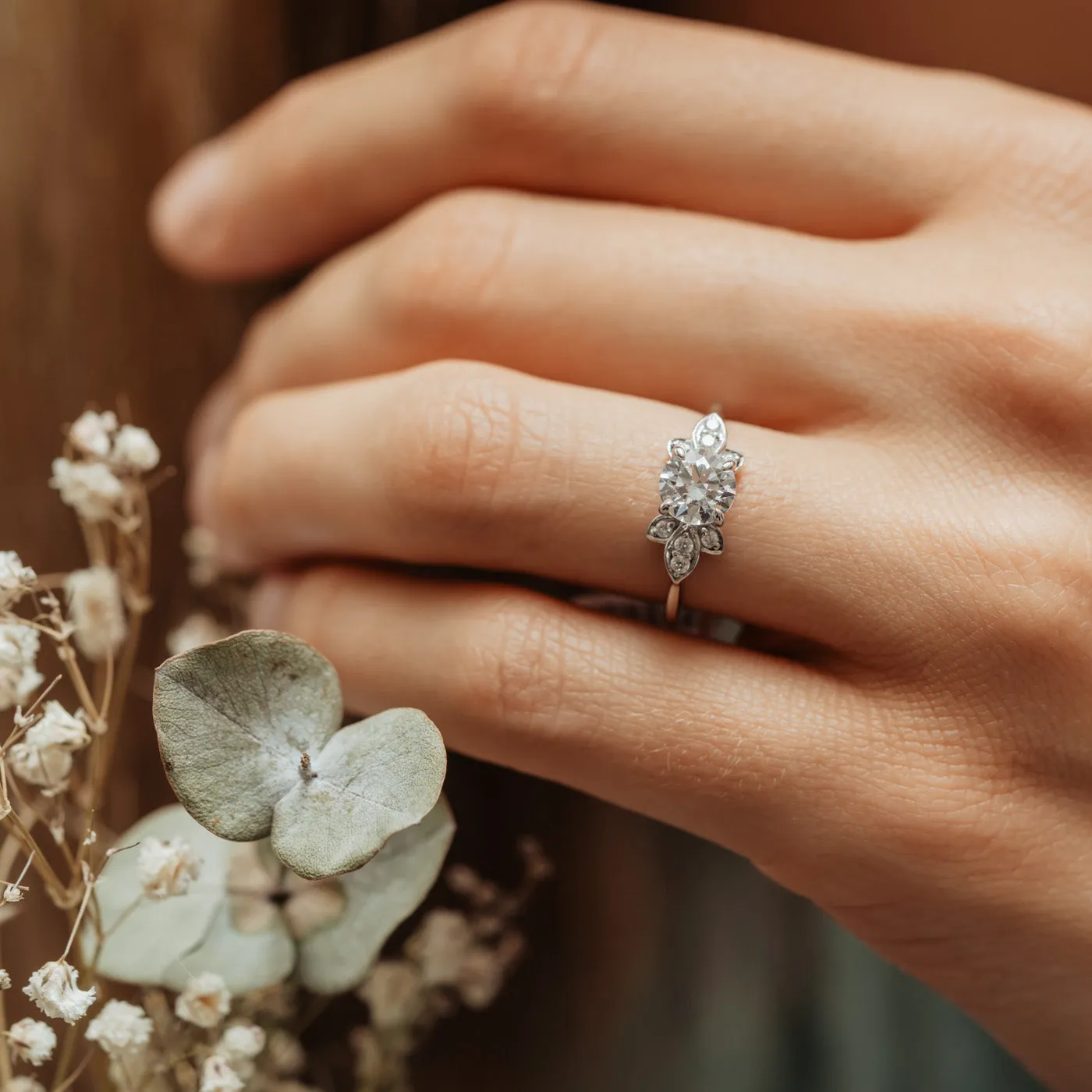 The Vani Ring | Round Moissanite & Diamond Nature Accented Engagement sold by Ethica Diamonds product image thumbnail 4