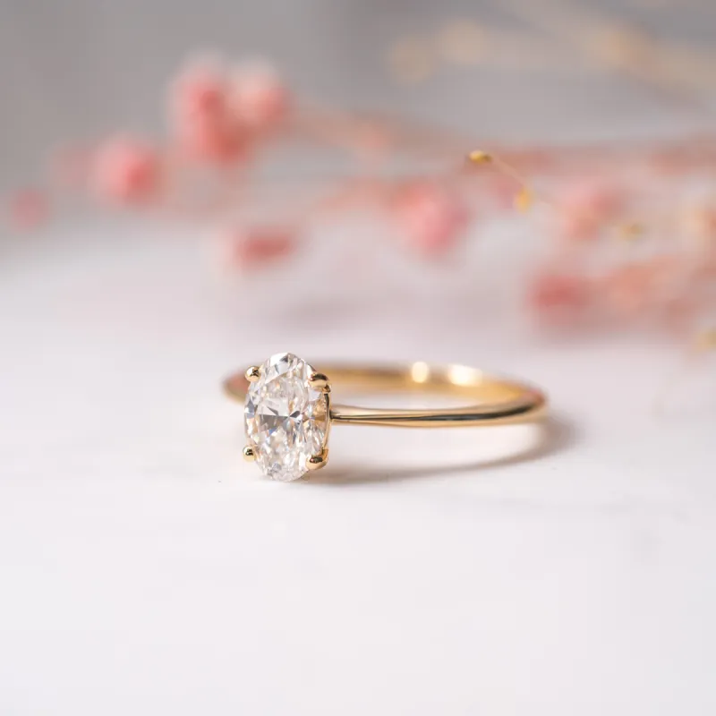 The Penelope Ring | Oval Moissanite Slim Engagement Solitaire sold by Ethica Diamonds
