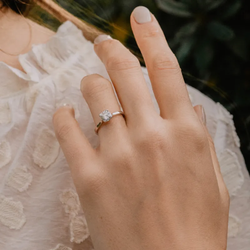 The Gabriella Ring | Cushion Moissanite Tulip Engagement Solitaire sold by Ethica Diamonds