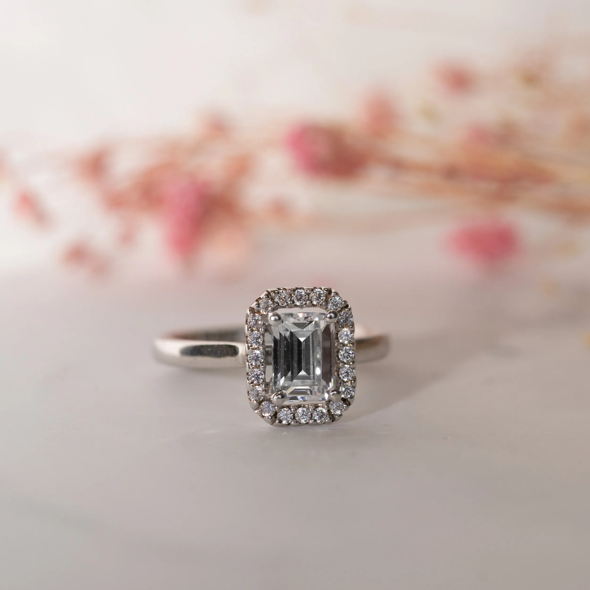 The Rose Ring | Moissanite & Diamond Emerald Cut Engagement Halo sold by Ethica Diamonds product image thumbnail 2