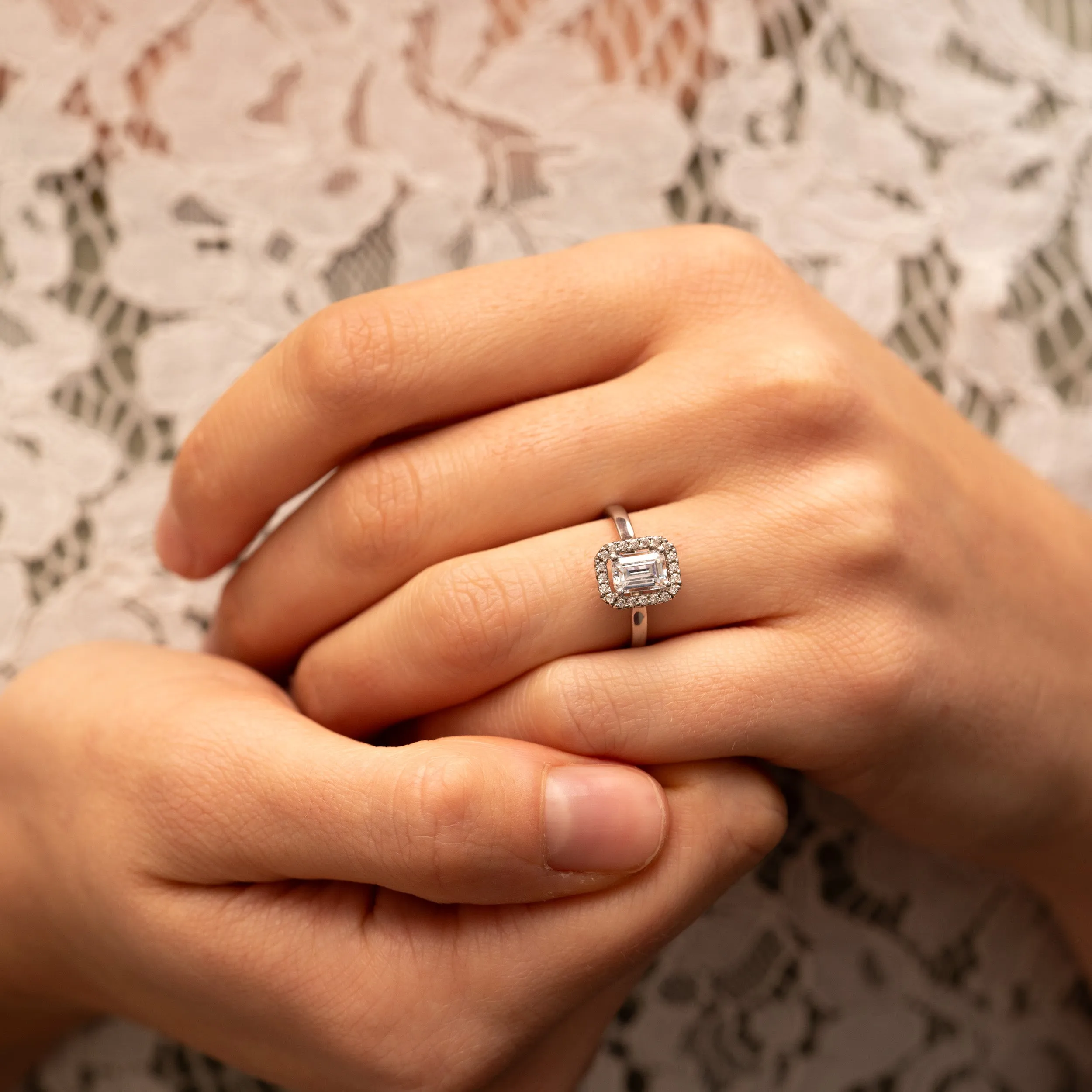 The Rose Ring | Moissanite & Diamond Emerald Cut Engagement Halo sold by Ethica Diamonds product image thumbnail 4