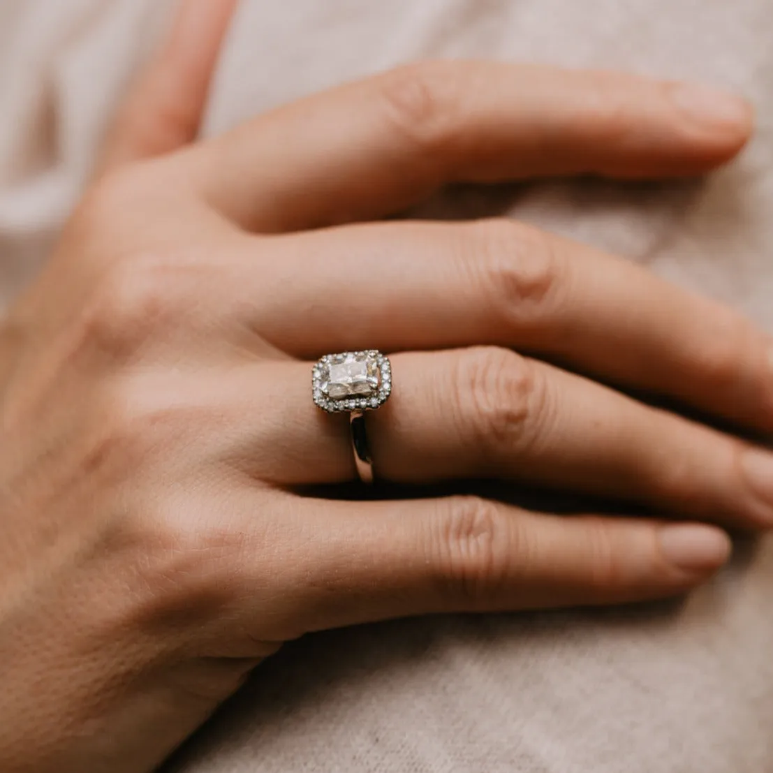 The Rose Ring | Moissanite & Diamond Emerald Cut Engagement Halo sold by Ethica Diamonds product image thumbnail 5
