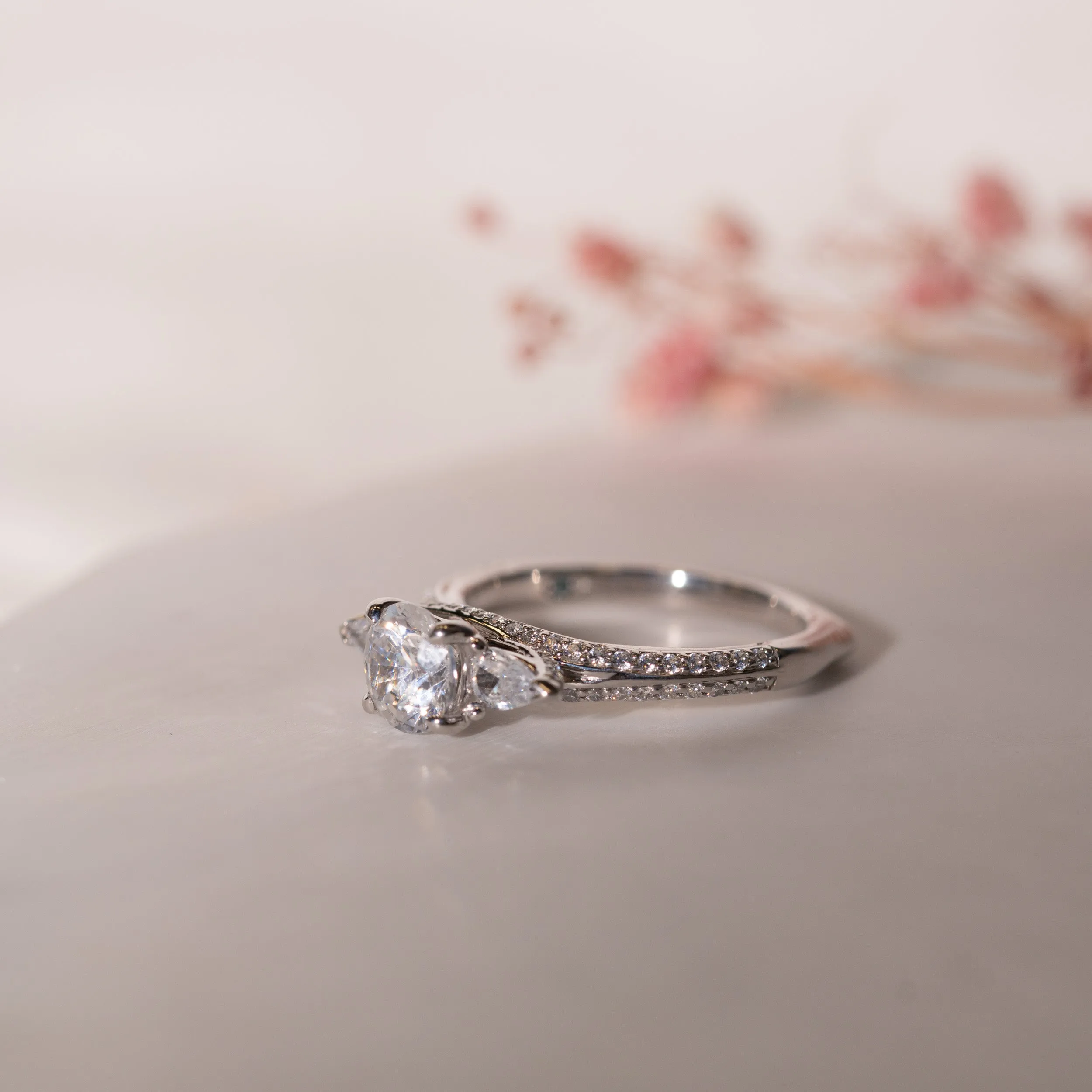 The Meredith | Lab Diamond Round & Pear Cut Shoulder Set Trilogy Engagement Ring sold by Ethica Diamonds product image thumbnail 5