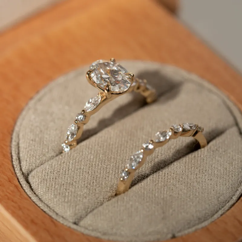 The Nadia Ring | Oval Moissanite & Diamond Marquise Shoulder Set Engagement sold by Ethica Diamonds