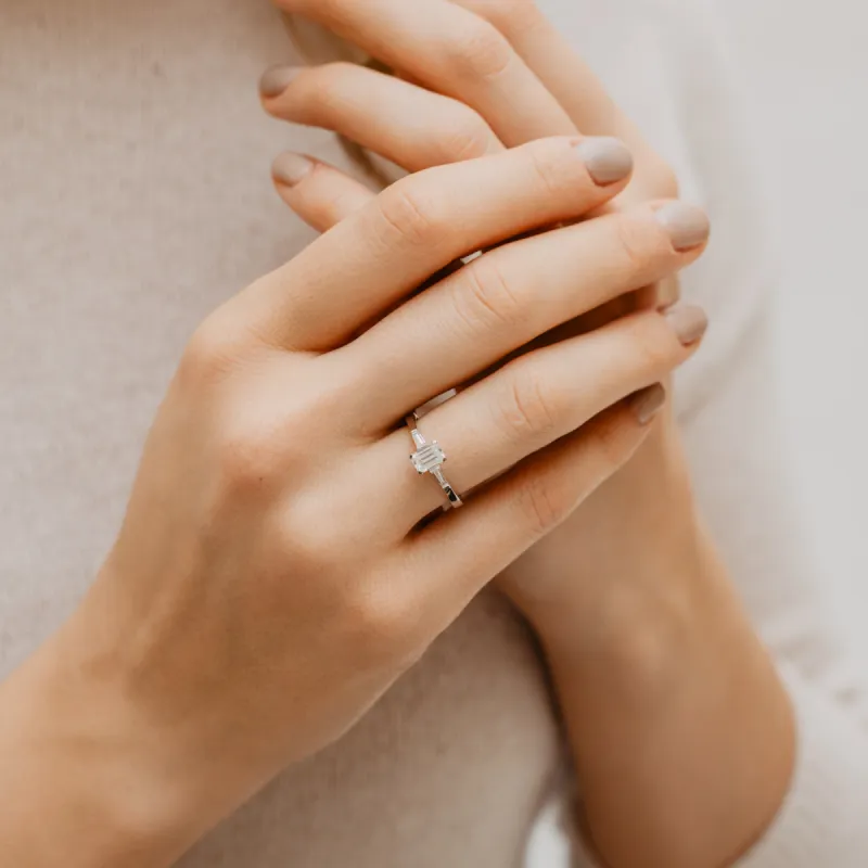 The Sabrina Ring | Moissanite Emerald & Baguette Cut Engagement Trilogy sold by Ethica Diamonds