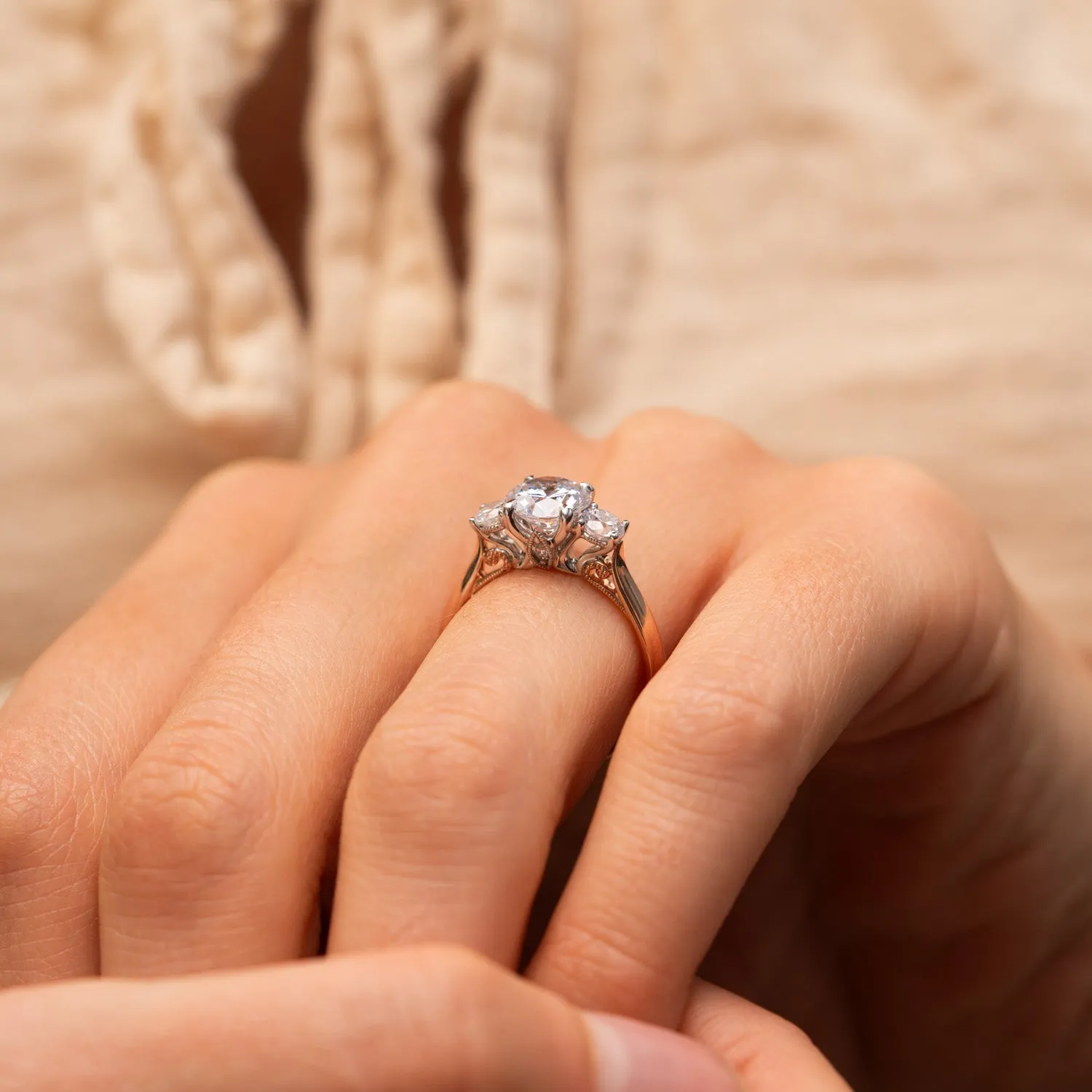 The Jasmine Ring | Round Lab Diamond Accented Scroll Detail Engagement Trilogy sold by Ethica Diamonds product image thumbnail 5