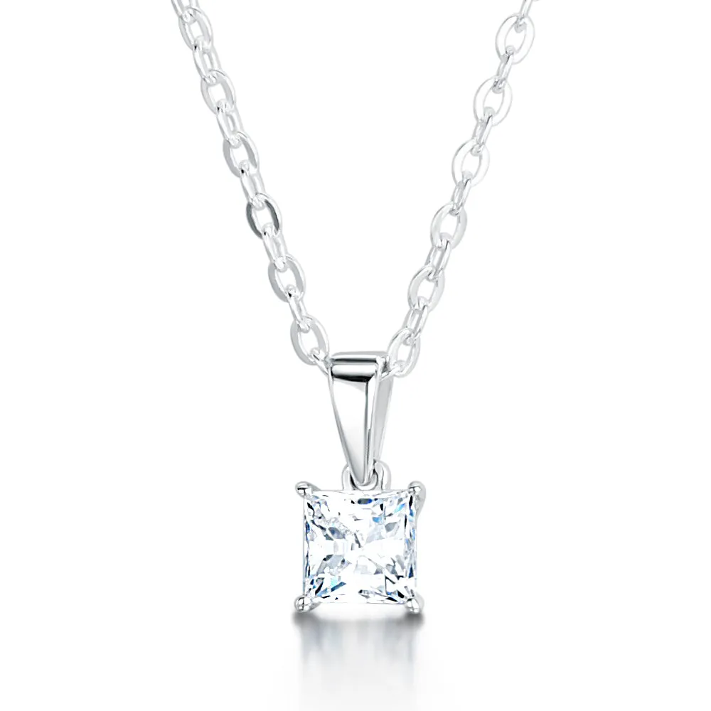 The Mei Pendant | Princess Moissanite Four Claw Solitaire sold by Ethica Diamonds