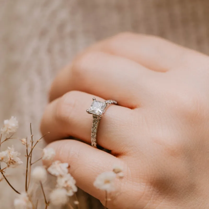 The Estella Ring | Moissanite & Diamond Princess Shoulder Set Engagement sold by Ethica Diamonds