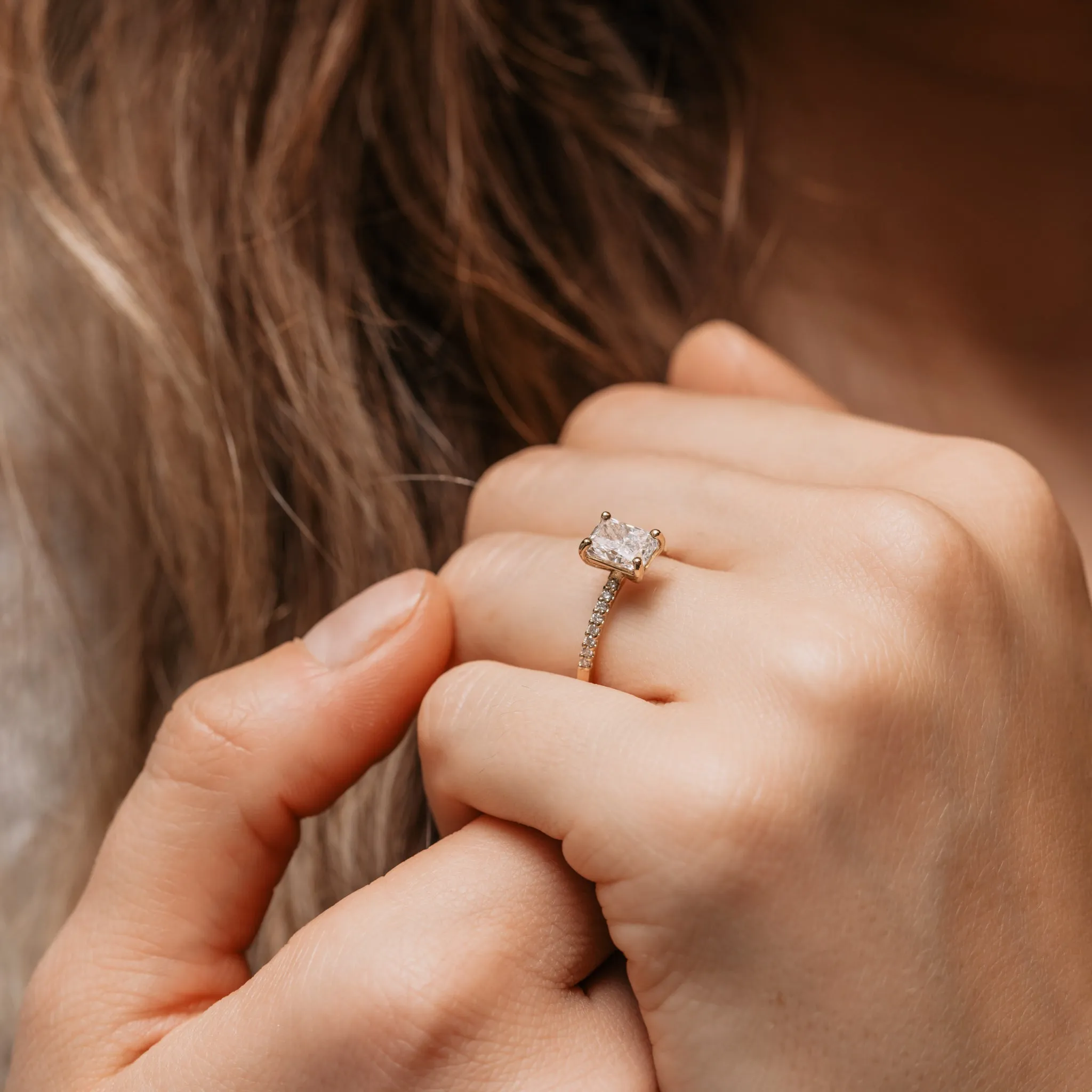 The Annalisa Ring | Moissanite & Diamond Thin Pavé Band Emerald Engagement sold by Ethica Diamonds product image thumbnail 4