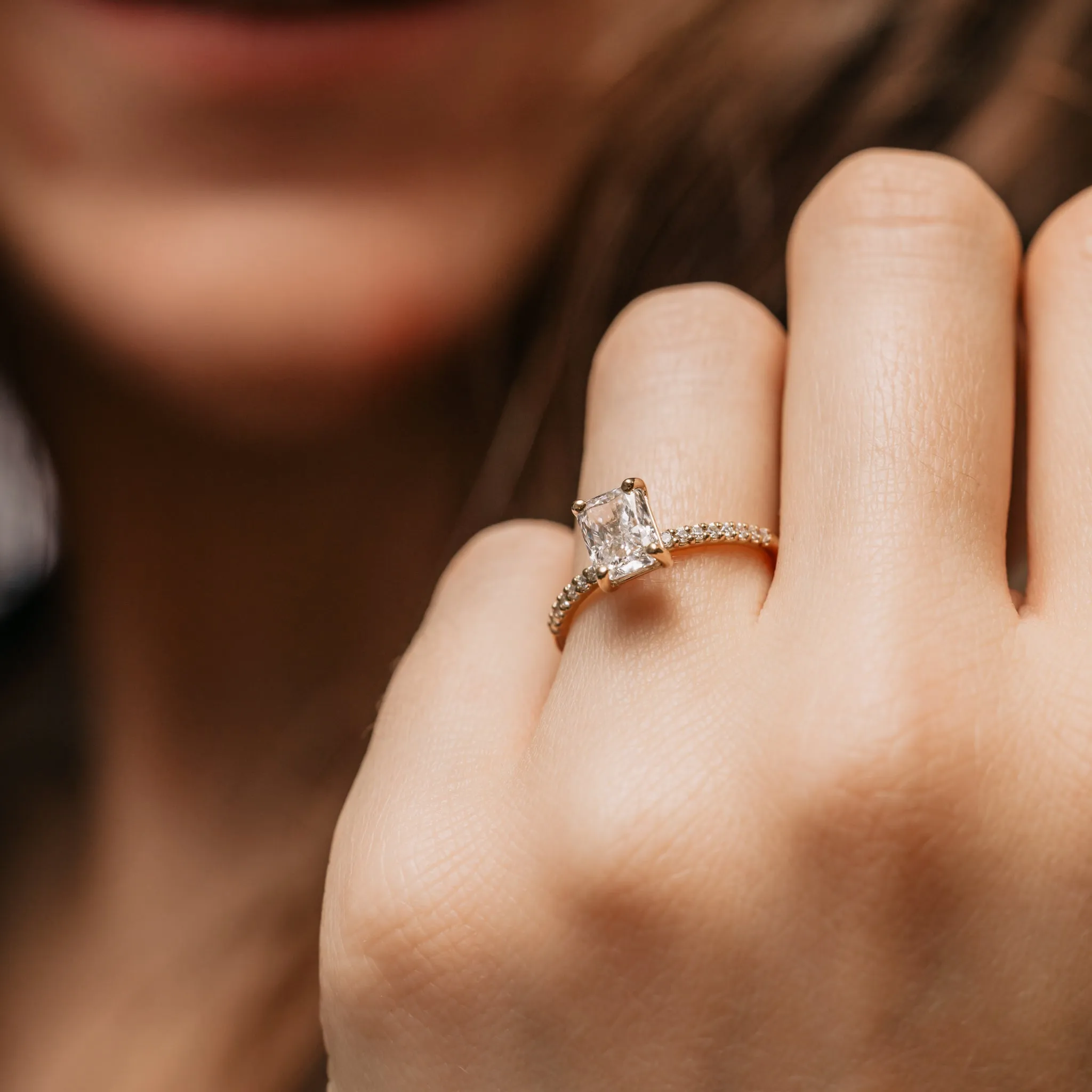 The Annalisa Ring | Moissanite & Diamond Thin Pavé Band Emerald Engagement sold by Ethica Diamonds product image thumbnail 5