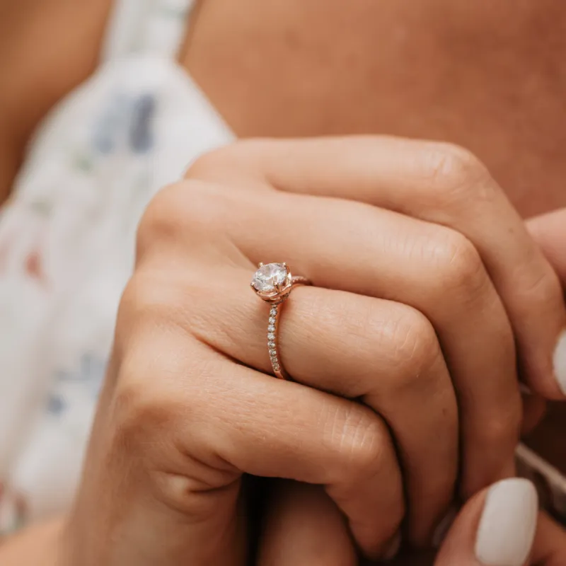 The Aaro Ring | Round Moissanite & Diamond Crossover Hidden Halo Engagement sold by Ethica Diamonds