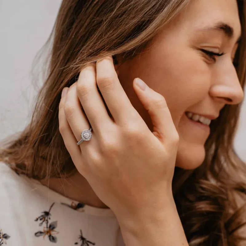 The Ava Ring | 0.83ct D-E VVS1 Shoulder Set Halo 950 Platinum sold by Ethica Diamonds
