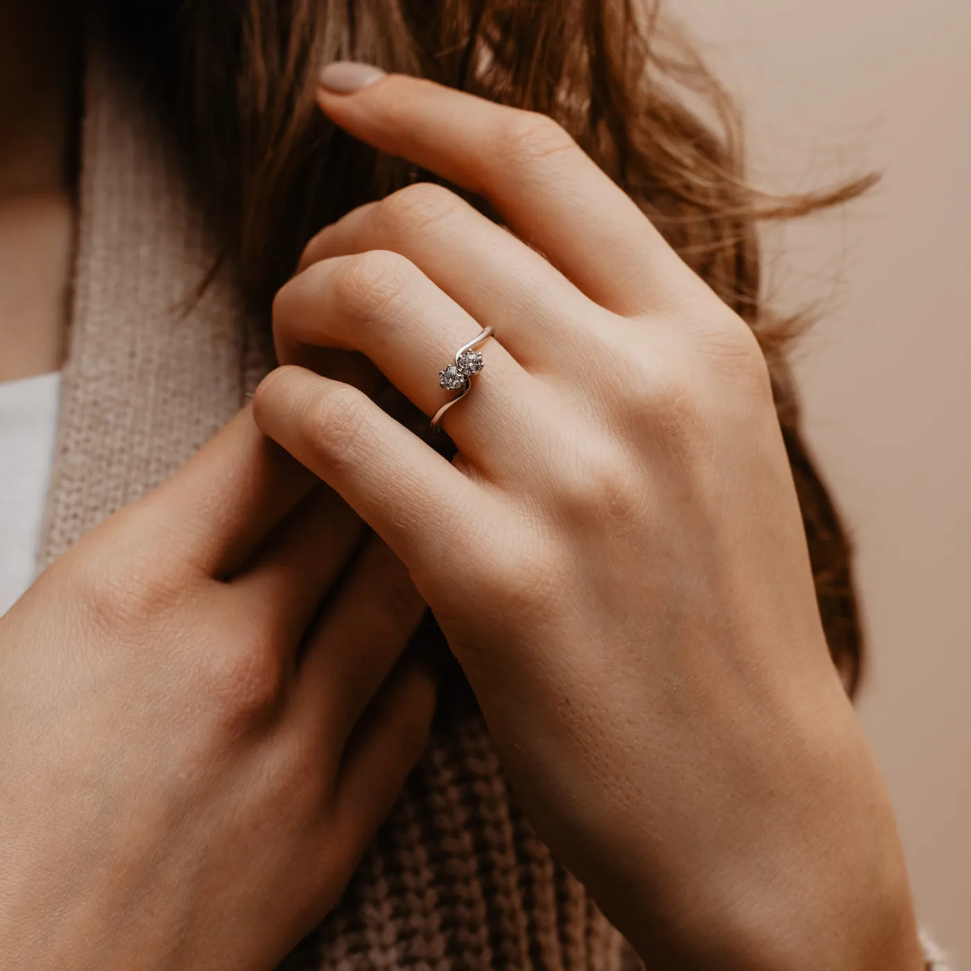 The Elysia Ring | Round Moissanite Toi Et Moi Wave Vintage Engagement sold by Ethica Diamonds