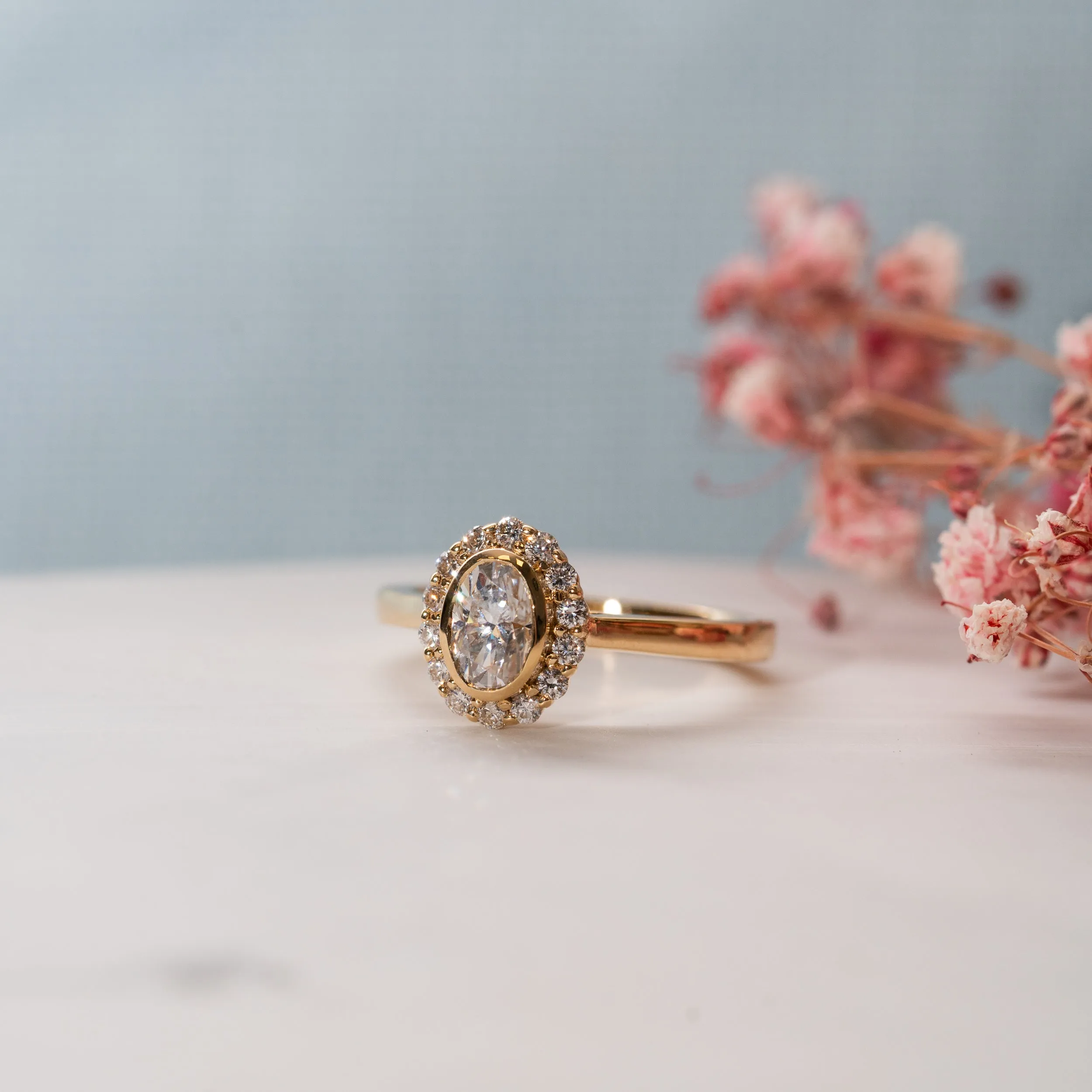 The Lenore Ring | Lab Diamond Oval Cut Engagement Halo sold by Ethica Diamonds