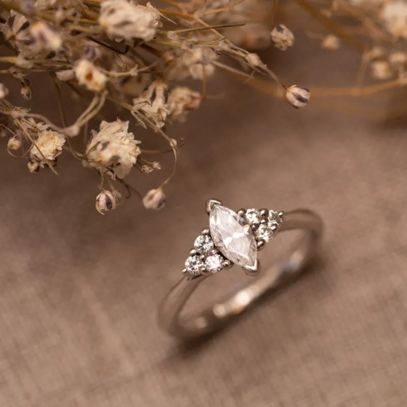 The Victoria Ring | Marquise Lab Diamond Accented Dainty Engagement sold by Ethica Diamonds