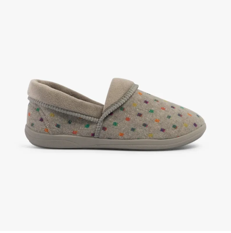 MELLOW Ladies (EE Fit) Full Slippers Grey Woven Spot sold by House of Slippers