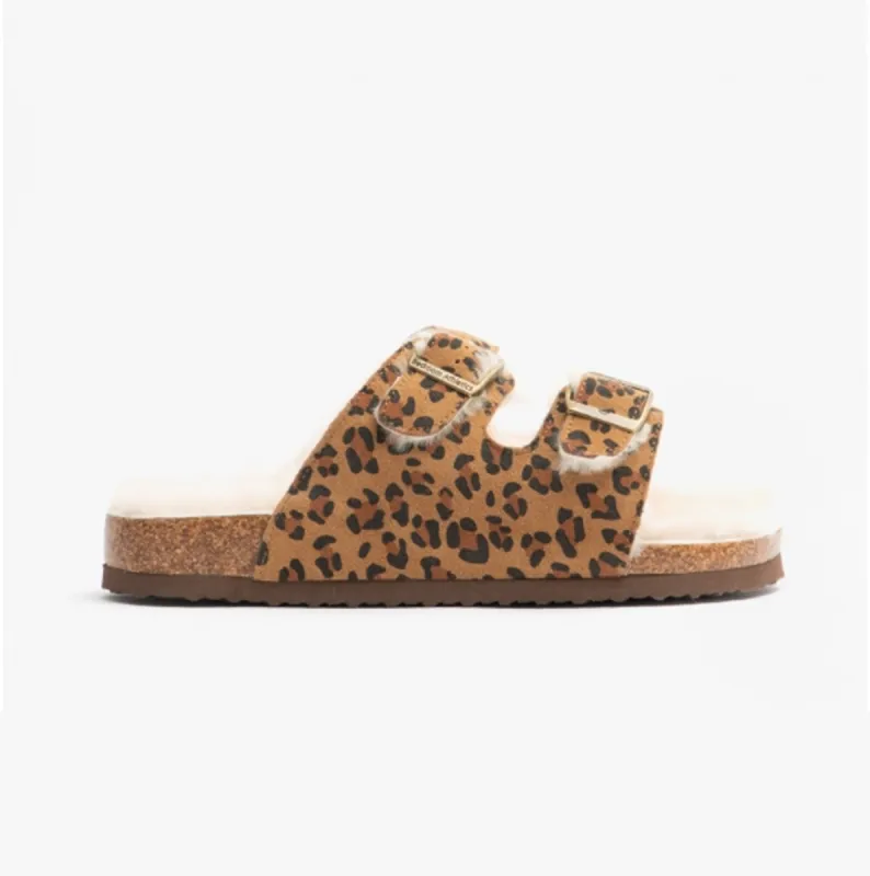 MABEL Ladies Suede Two Strap Slippers Leopard sold by House of Slippers