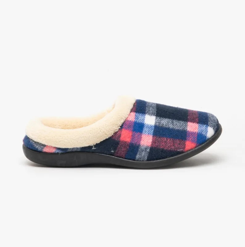 HOS Comfort SOPHIE Womens Teddy Lined Checked Mules Navy sold by House of Slippers