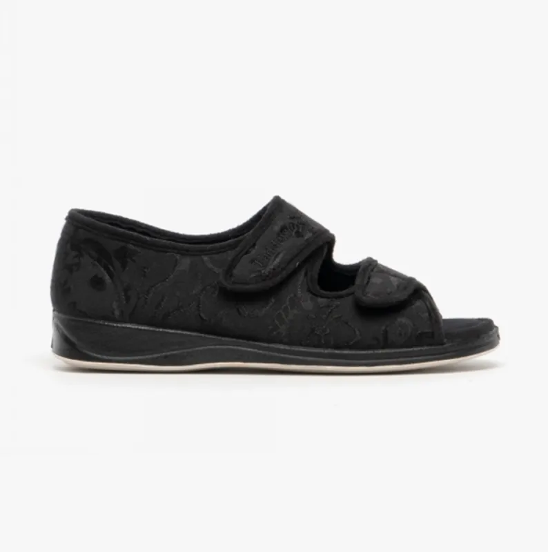Padders LYDIA Womens (2E Fit) Touch Fasten Slippers Black sold by House of Slippers